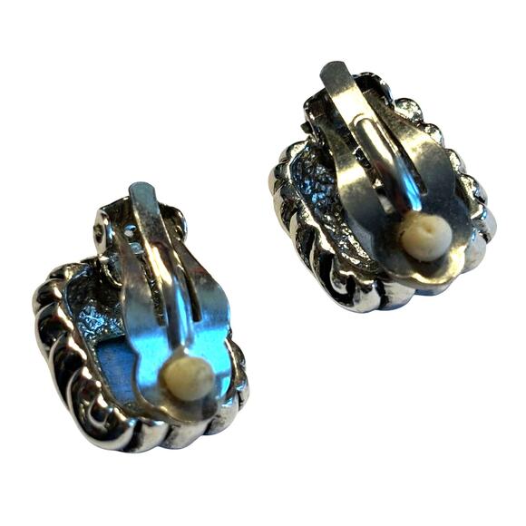 Clip on earrings chunky rope surround silver & gold with blue moonstone center - Picture 5 of 6